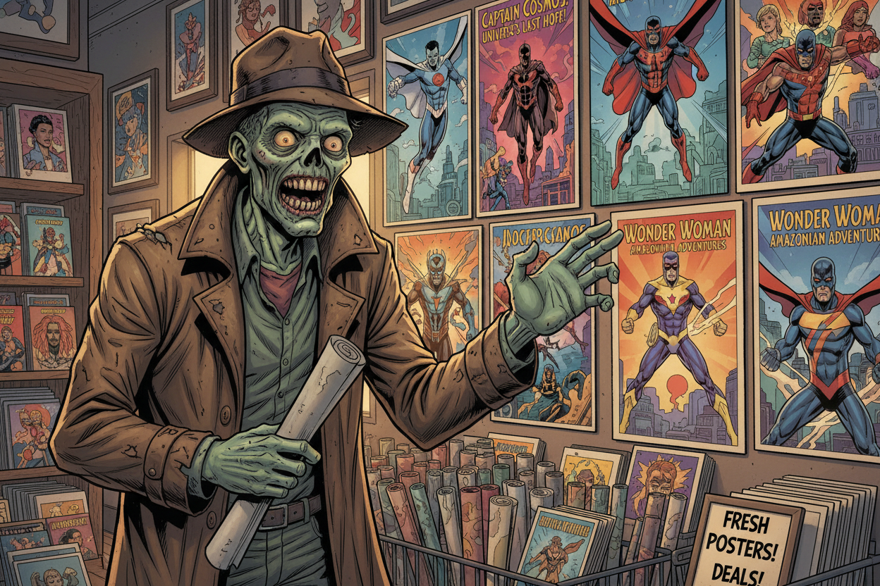 a scary zombie selling superhero posters