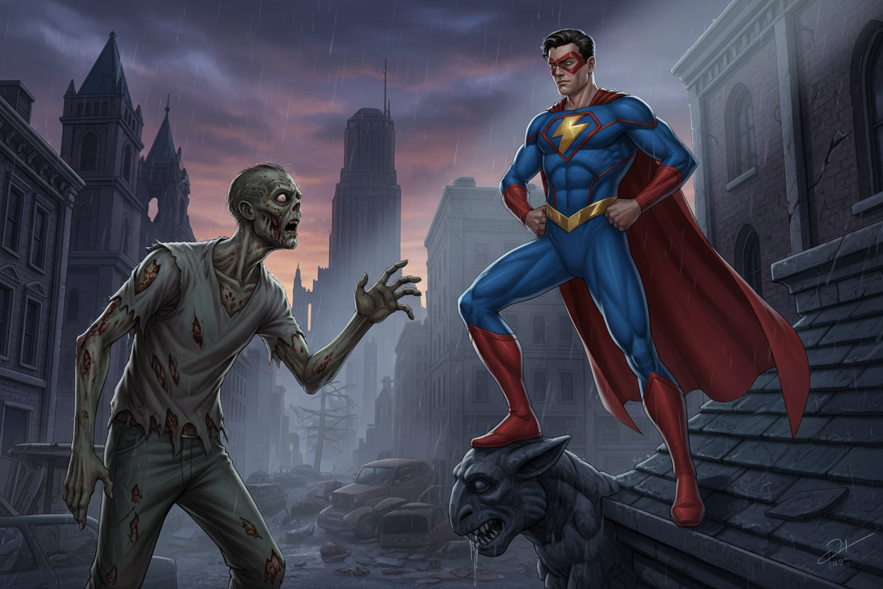 a zombie discovering a superhero